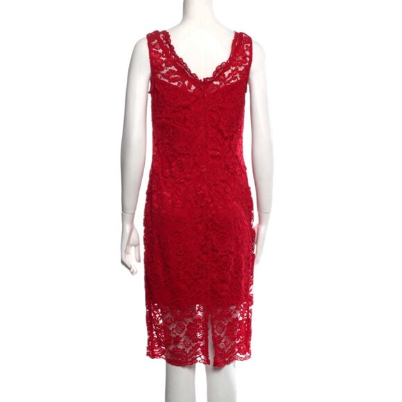 Marina | Red Floral Metallic Lace Overlay Knee Length Sheath Dress, Size M or 8 - Picture 3 of 10